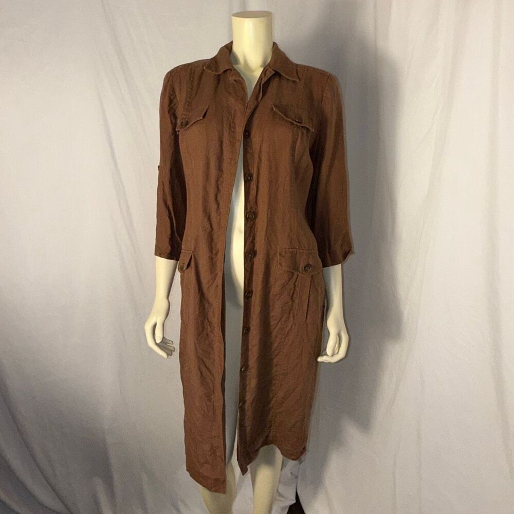 Vintage Maggy Linen Button-Front Utility Shirt Dress/Duster – Chestnut Brown, Si